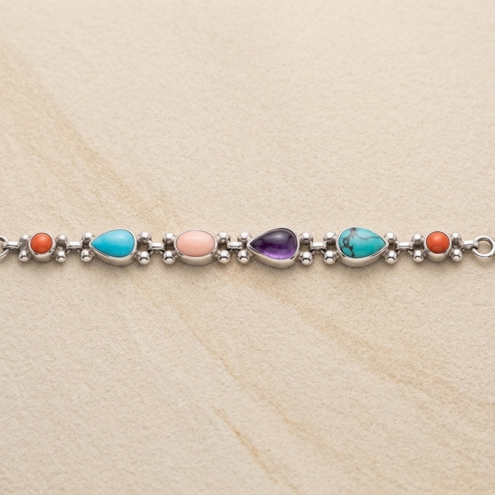 Sterling Silver SH Multi Stone Toggle Bracelet Turquoise Coral Amethyst Artisan - Picture 4 of 12